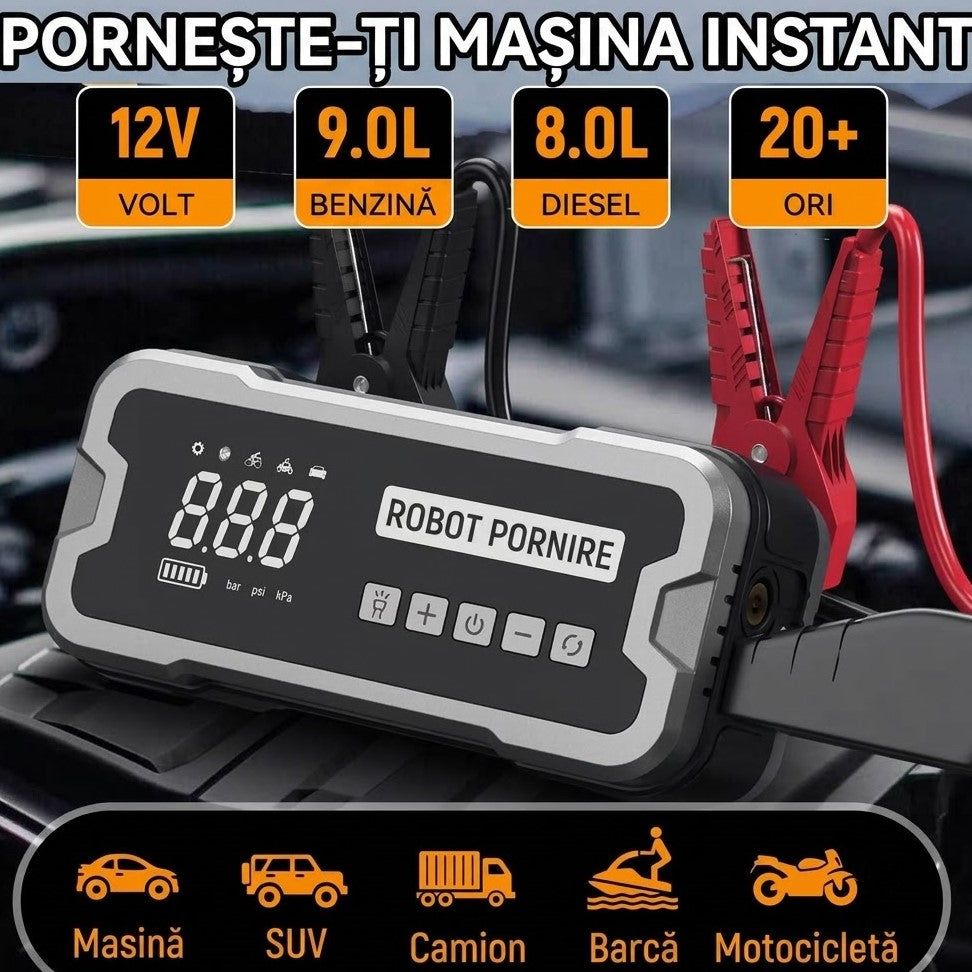 Jump Starter Auto Multifuncțional cu Compresor de Aer, Power Bank și Lanternă