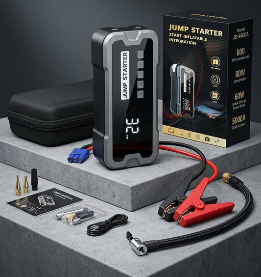 Jump Starter Auto Multifuncțional cu Compresor de Aer, Power Bank și Lanternă