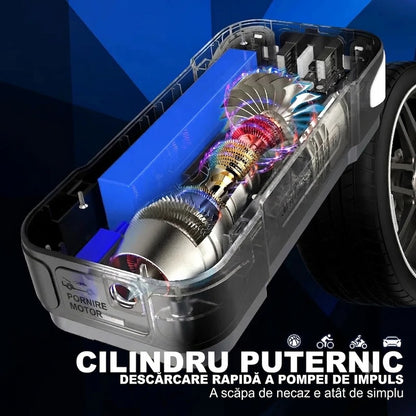 Jump Starter Auto Multifuncțional cu Compresor de Aer, Power Bank și Lanternă