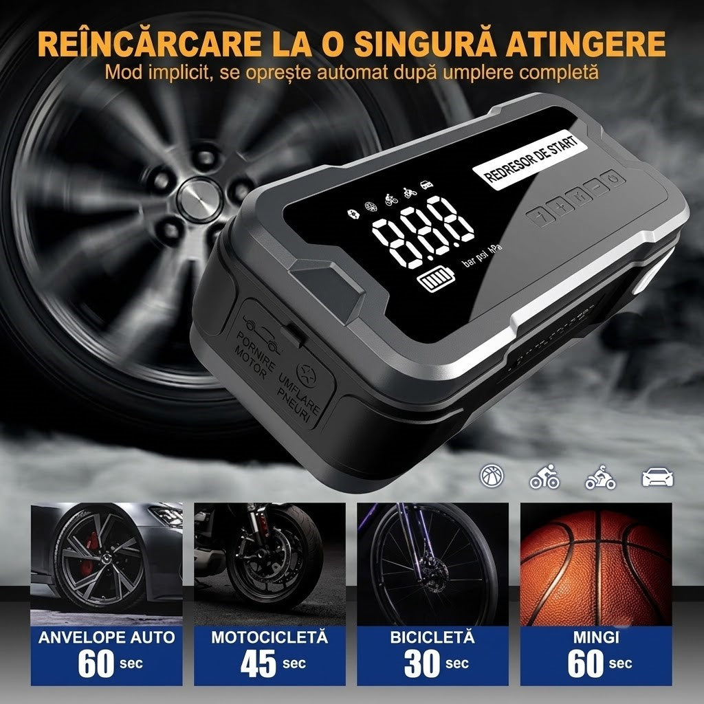 Jump Starter Auto Multifuncțional cu Compresor de Aer, Power Bank și Lanternă
