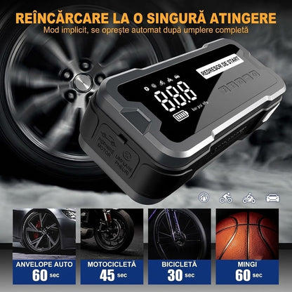 Jump Starter Auto Multifuncțional cu Compresor de Aer, Power Bank și Lanternă